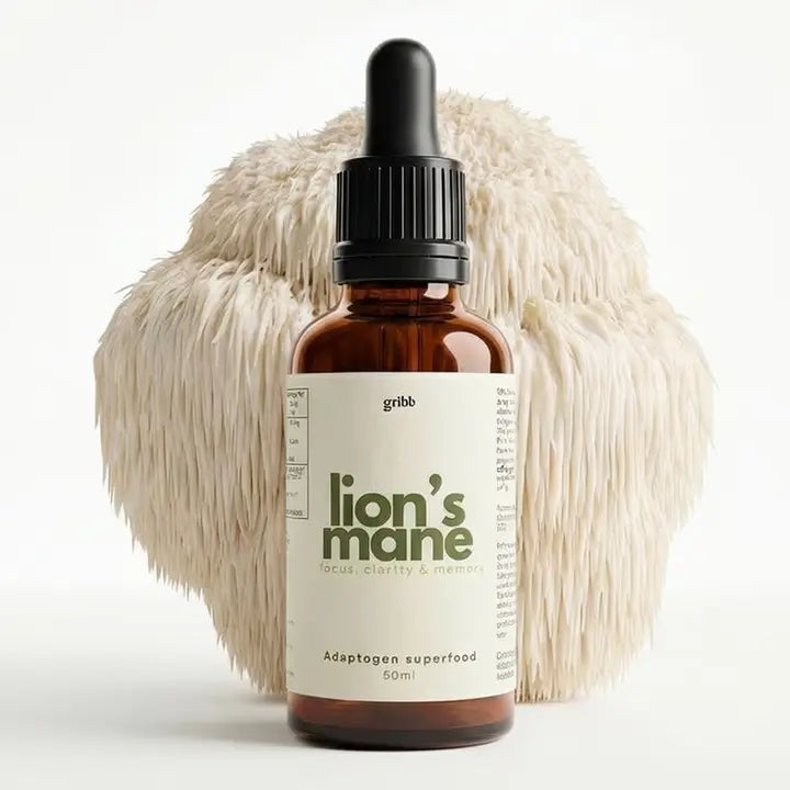 Frasco de tintura de Lion's Mane de Gribb, 50 ml, sobre fondo claro